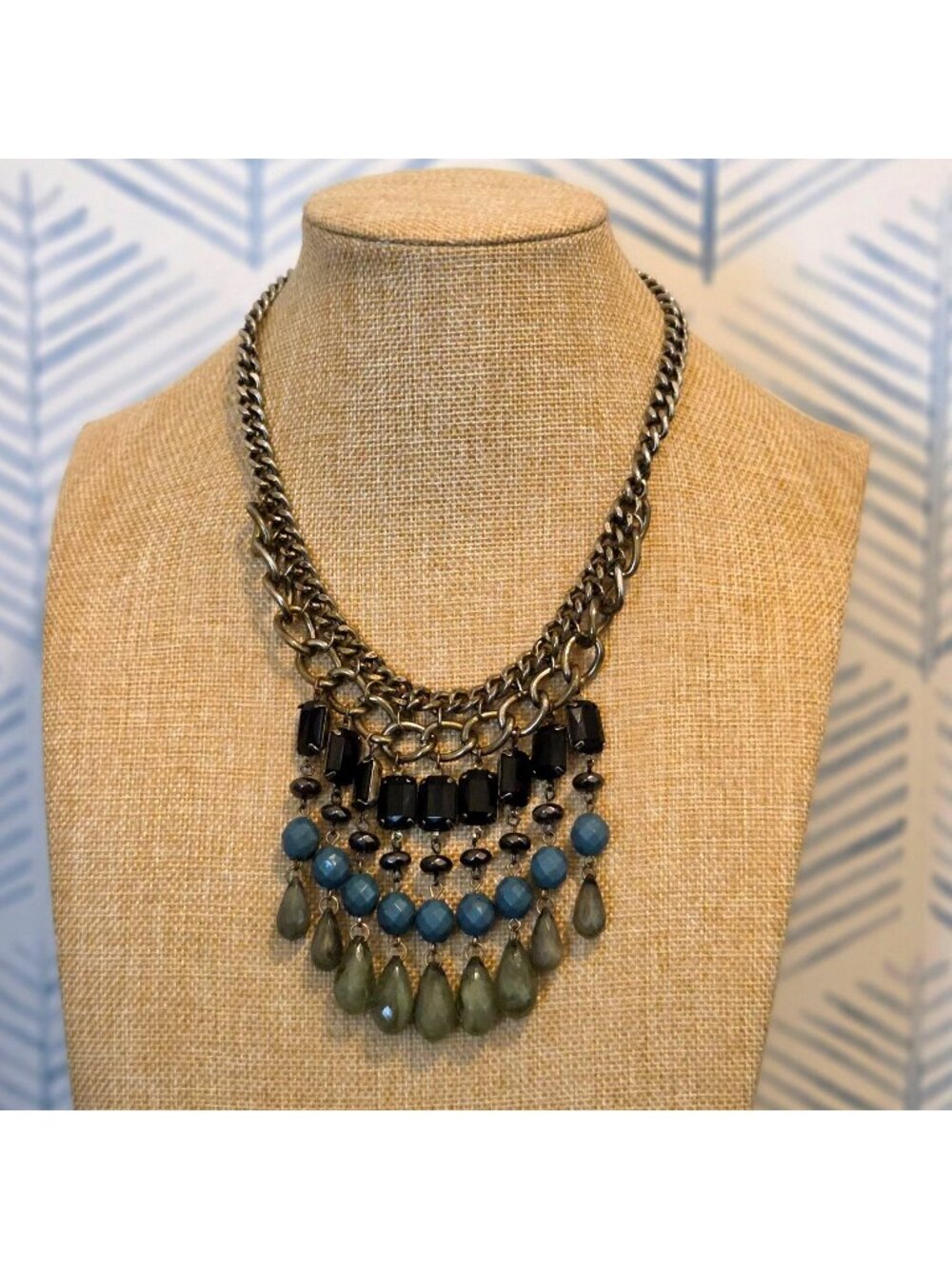 Black Blue Green Dangling Beaded Gun Metal Chain 24" Necklace